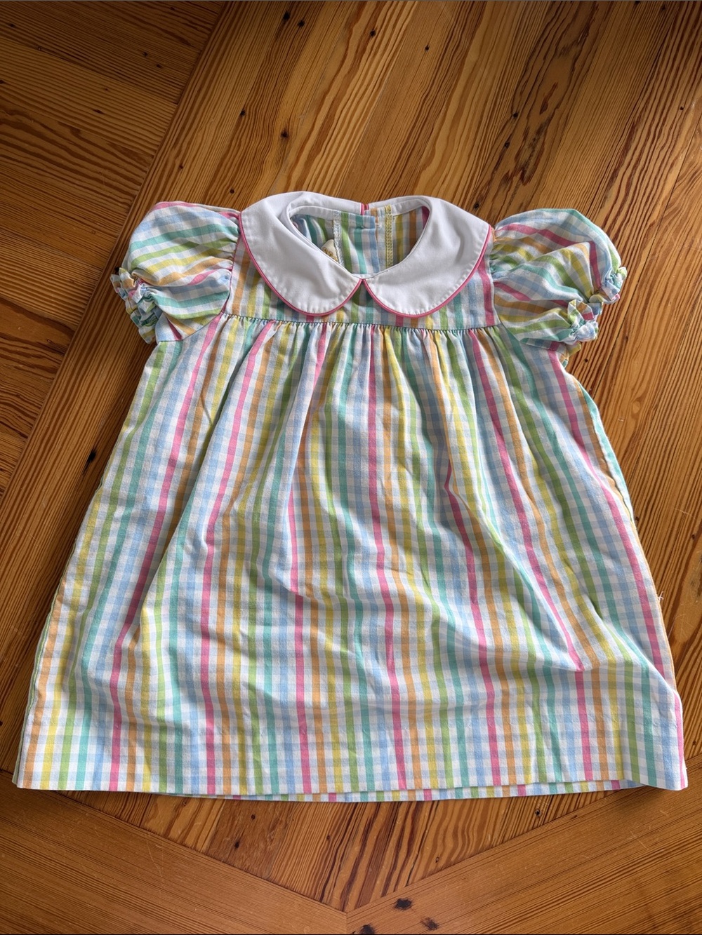 Beaufort Bonnet CompanyPastel Rainbow Stripe Toddler Dress with Peter Pan Collar
